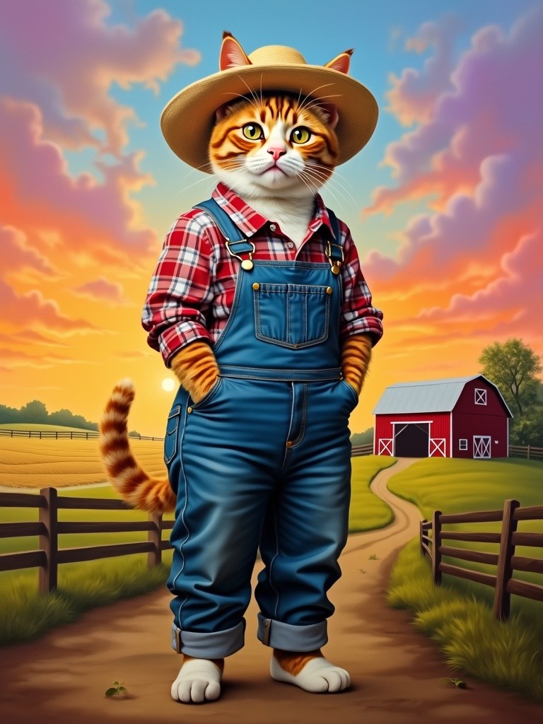 A whimsical painting of a human-farm-cat standing upright like a human, dressed in classic human farm clothes, such as overalls and a straw hat