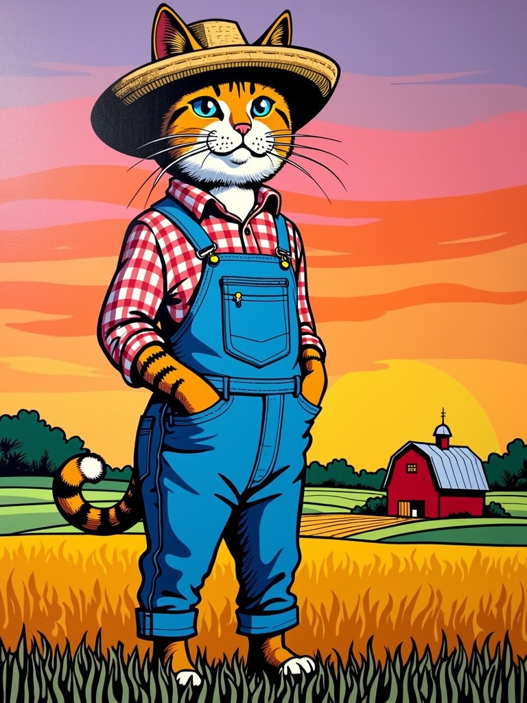 A whimsical painting inspired by the style of Roy Lichtenstein, featuring a human-farm-cat standing upright like a human, dressed in classic human farm clothes, such as overalls and a straw hat