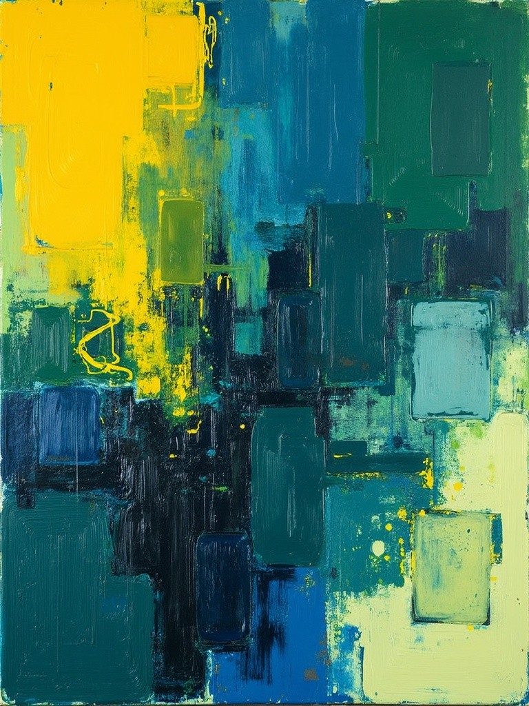 An evocative abstract painting inspired by the style of Joan Mitchell, characterized by bold, expressive brush strokes and a vibrant color palette