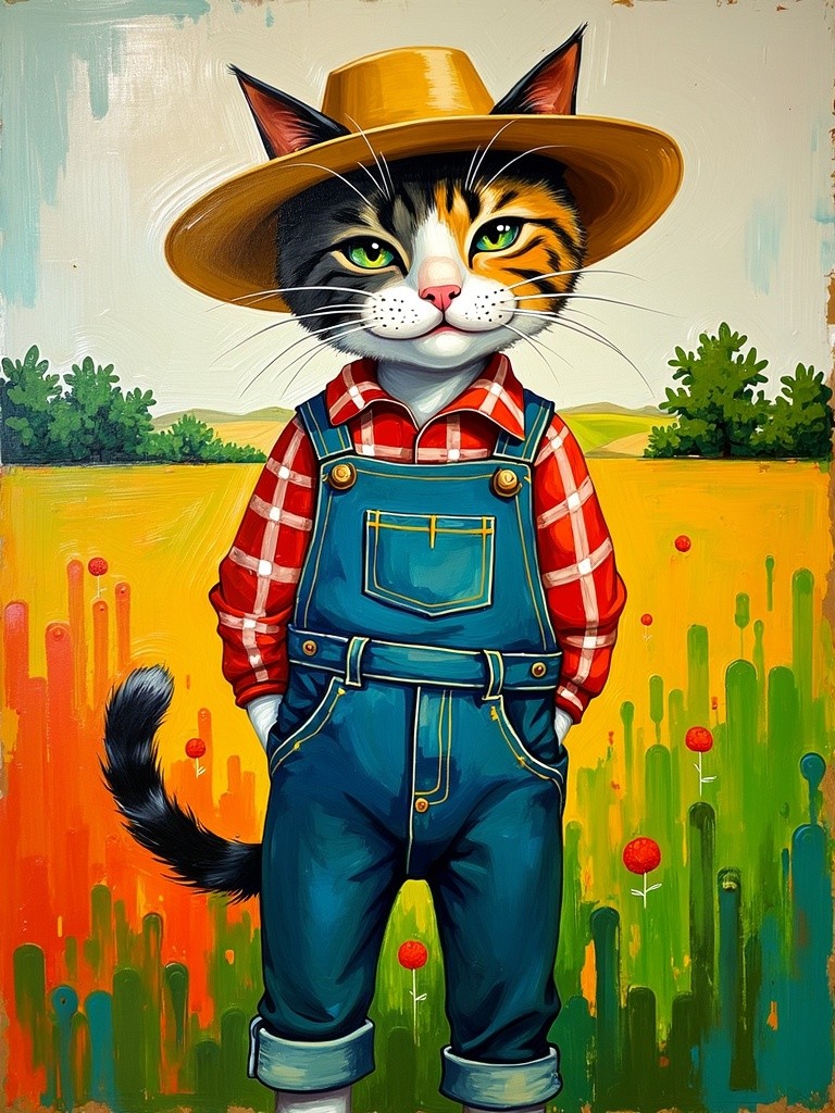 An imaginative painting inspired by Joan Mitchell, featuring a whimsical farm cat dressed in human clothes, capturing the essence of abstract expressionism
