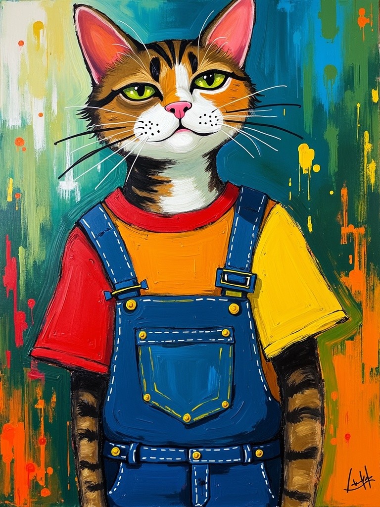 An abstract painting inspired by the style of Joan Mitchell, depicting a farm cat dressed in human clothes, such as a colorful shirt and overalls