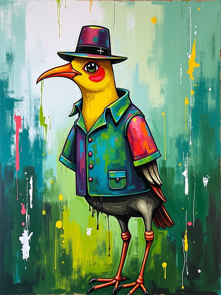 A vibrant abstract painting inspired by the style of Joan Mitchell, featuring a whimsical farm bird dressed in human clothes, such as a colorful shirt and a small hat