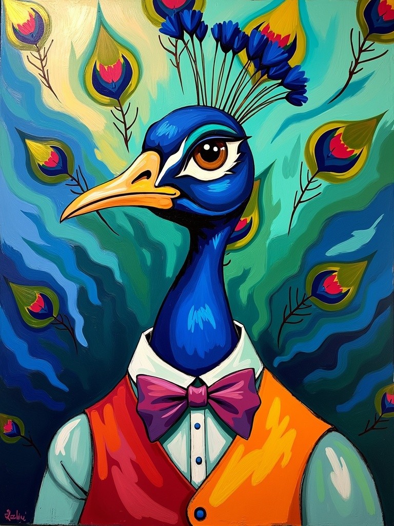 An abstract painting inspired by the style of Joan Mitchell, featuring a farm peacock bird dressed in whimsical human clothing, such as a colorful vest and bow tie