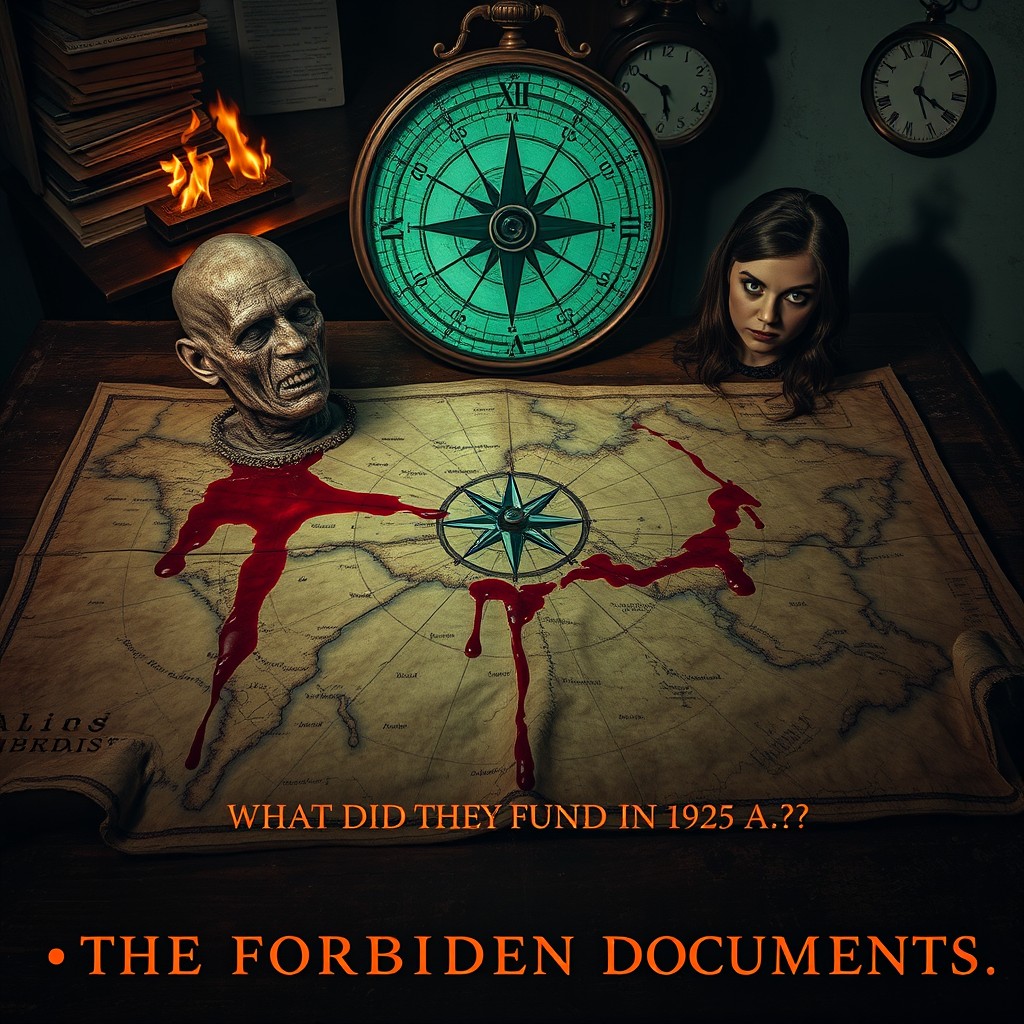 An ancient map made of human skin spread out on a corroded wooden table, with coordinates of Siberia marked in fresh blood that drips onto the surface