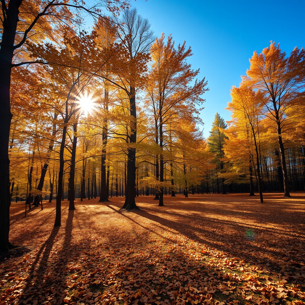 An image of a serene forest landscape with vibrant trees and a clear blue sky