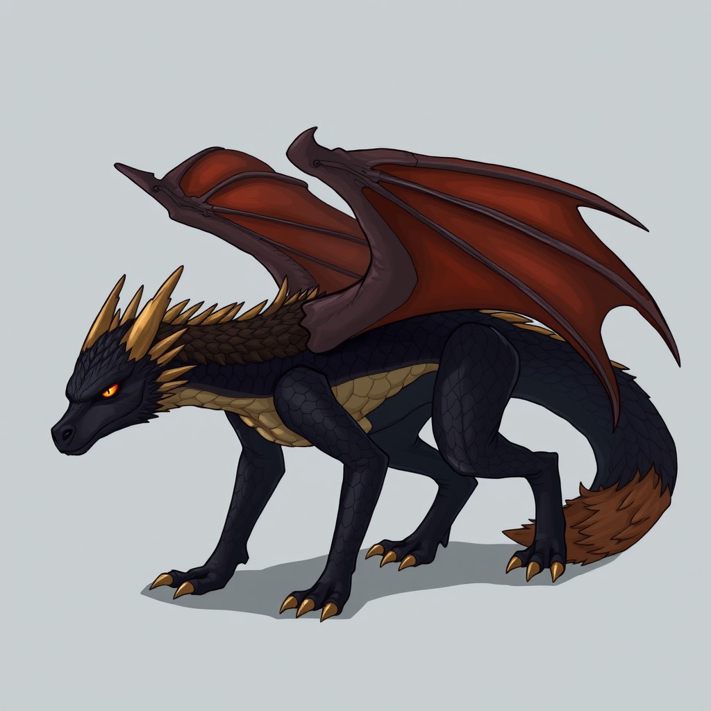 A hybrid creature that combines elements of Drogon from Game of Thrones and a fox, featuring a sleek, elongated body with scales and fur
