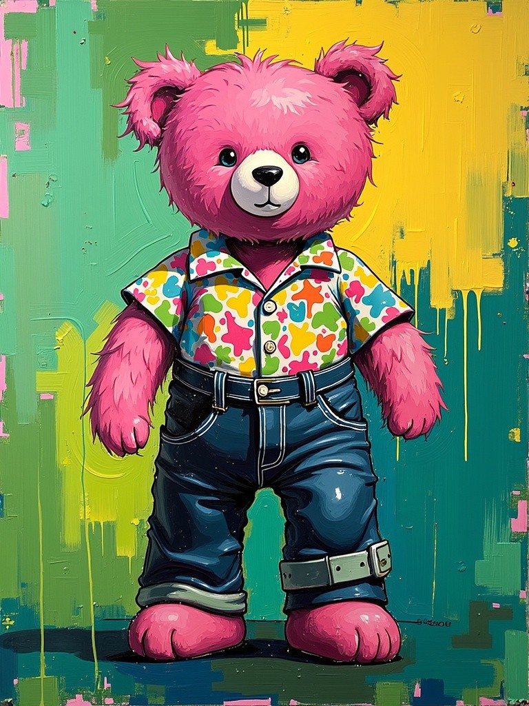 A vibrant abstract painting in the style of Joan Mitchell, featuring a pink teddy bear dressed in retro human clothes such as a colorful patterned shirt and high-waisted pants