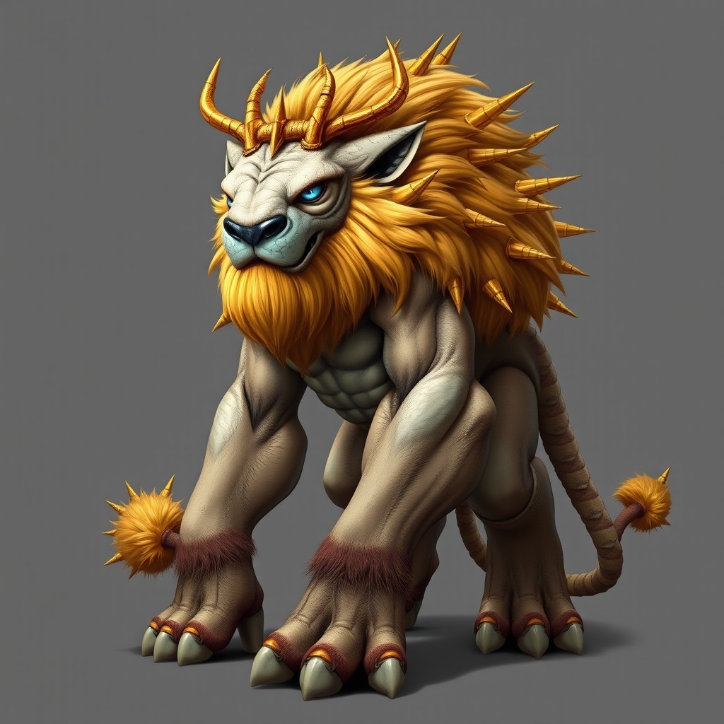 A bipedal titan with a lion's head, featuring striking blue eyes and a small crown of golden horns along with two branched gold horns on its head