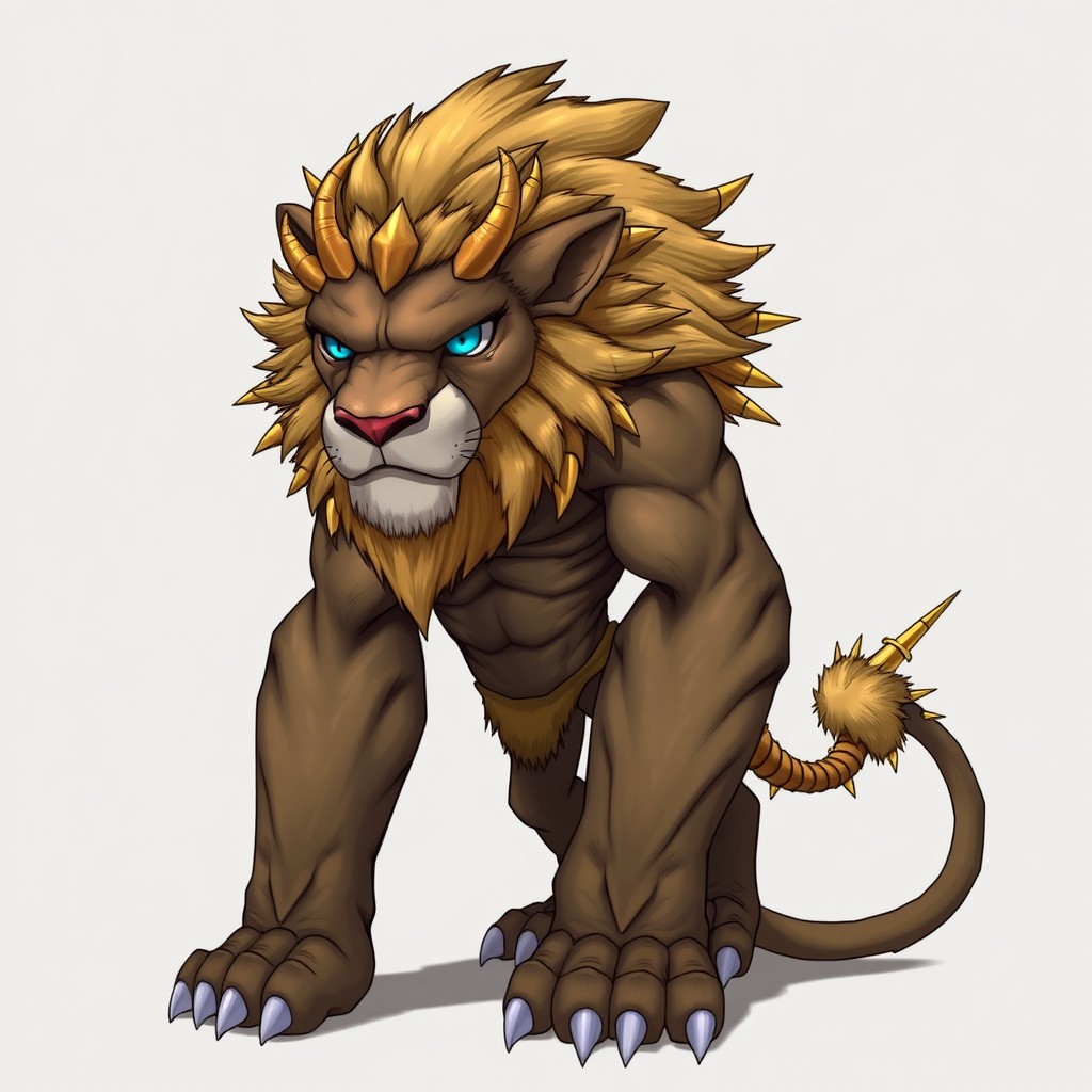 An anthropomorphic titan with a lion's head, featuring striking blue eyes, a small crown of golden horns, and two branched golden horns on its head