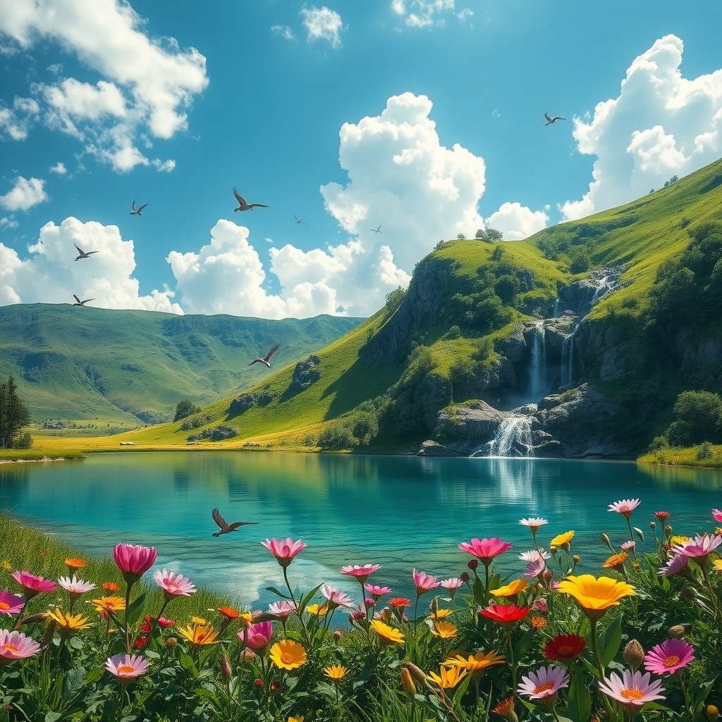 A captivating and beautifully styled image of a fantasy landscape named Cocia, featuring lush green hills under a bright blue sky with fluffy white clouds