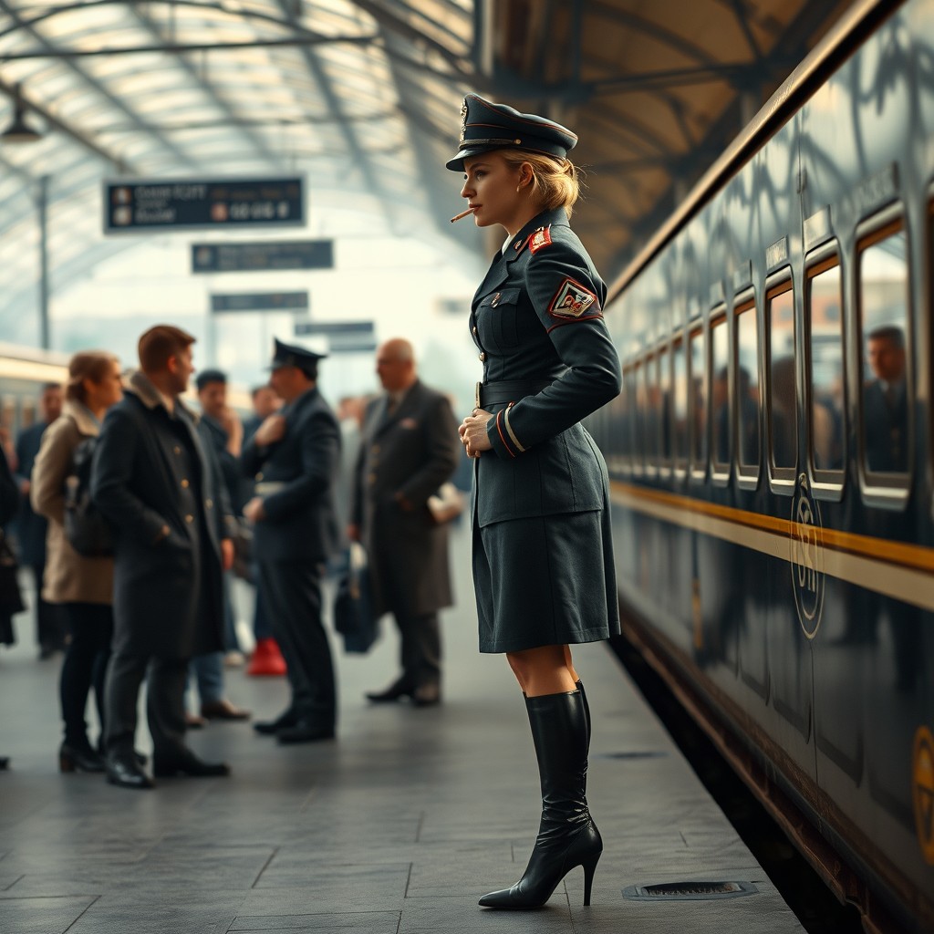 A beautiful German female officer in a WWII uniform, wearing high heels and smoking a cigarette, engaging in conversation with multiple people at a train station