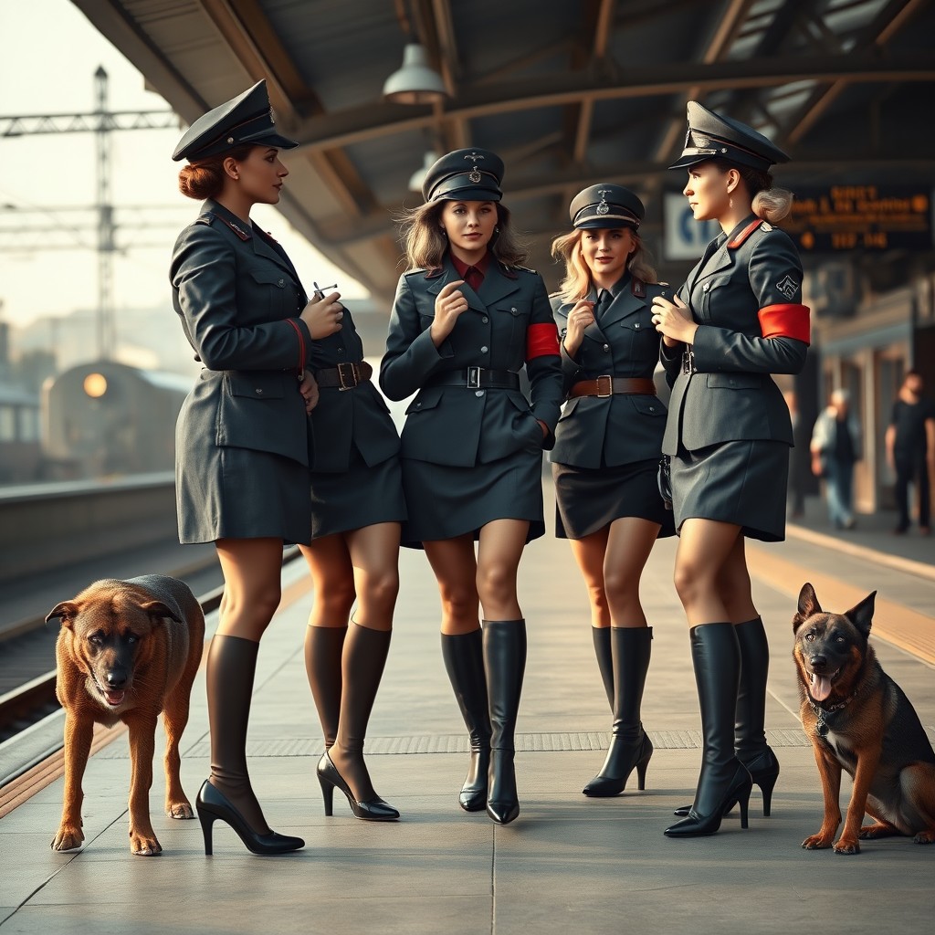 A captivating scene depicting three beautiful German female officers in WWII-era SS uniforms, standing in conversation at a train station in the morning