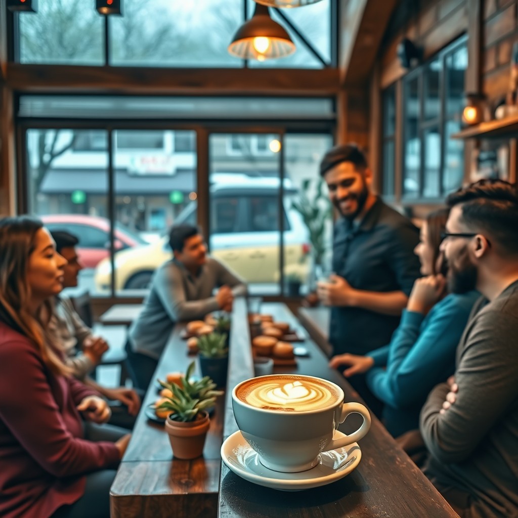 A cozy, warmly-lit coffee shop interior with rustic wooden furniture and large windows showing a rainy street view outside