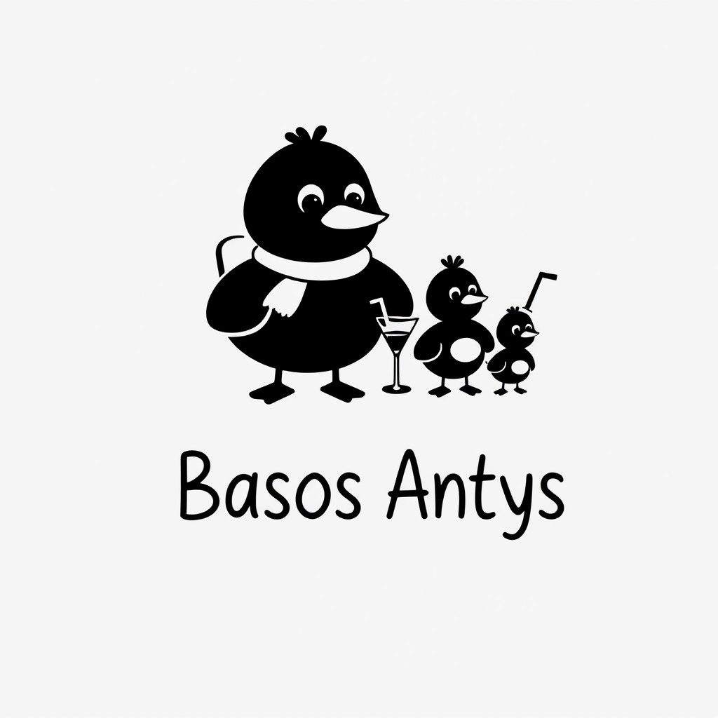 A minimalist black and white logo design featuring a cartoonish silhouette of a duck