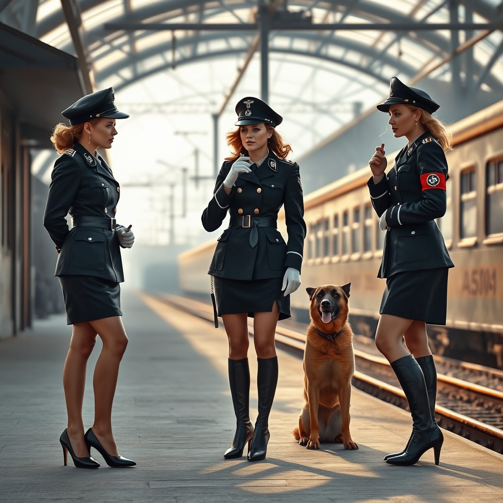 A scene capturing three beautiful German female officers in SS uniforms standing at a train station during World War II
