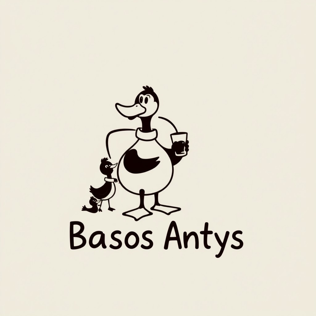 A minimalist black and white logo design featuring a clear silhouette of a cartoonish duck with a prominent beak and large legs, sitting on a chair and enjoying a drink through a straw