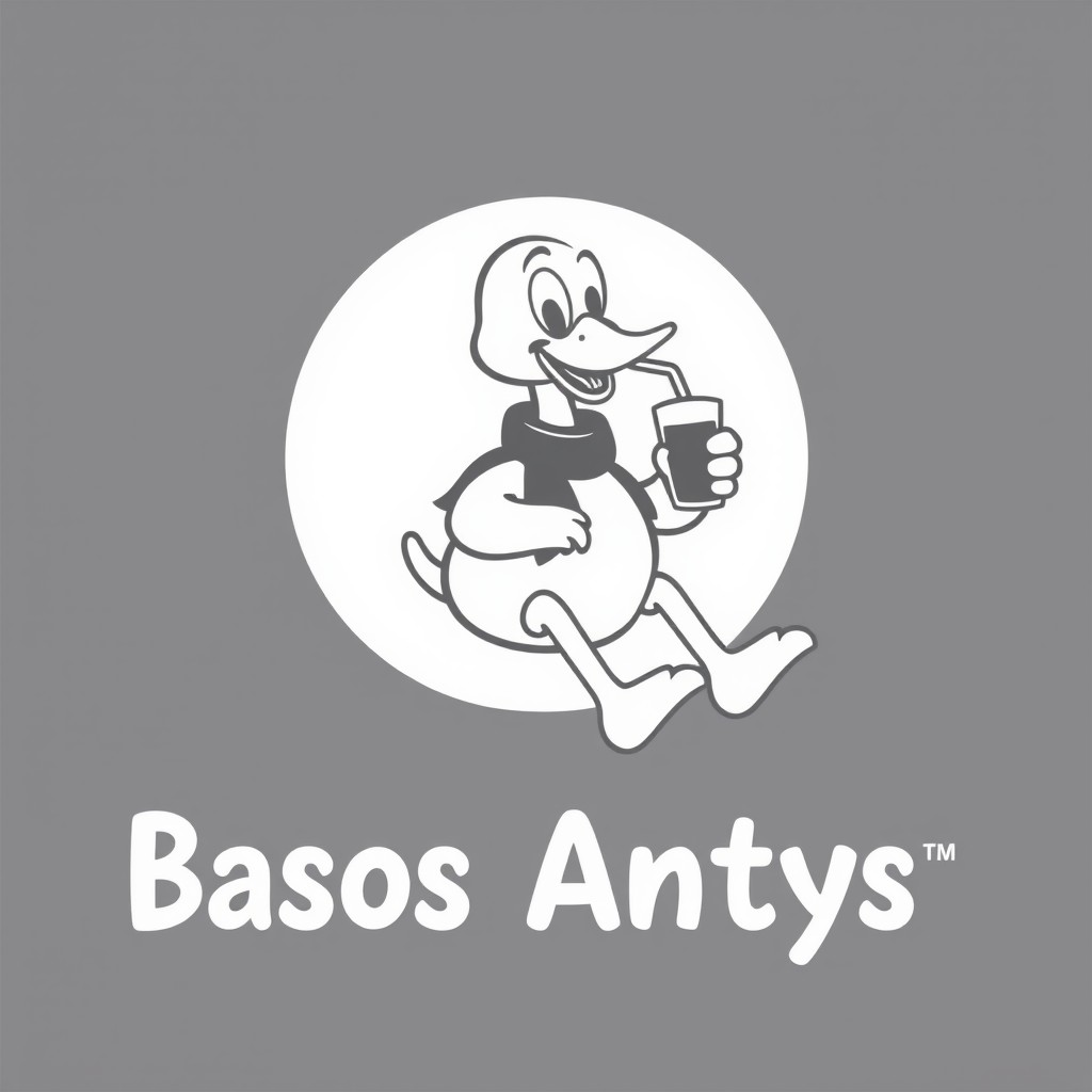 A minimalist black and white logo design featuring a clear silhouette of a cartoon-like duck with a distinct beak and large legs