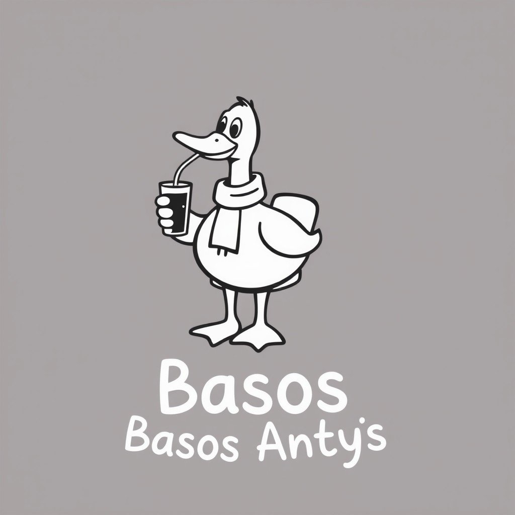 A minimalist black and white logo design featuring a clear silhouette of a cartoonish duck, complete with a distinct beak and large legs
