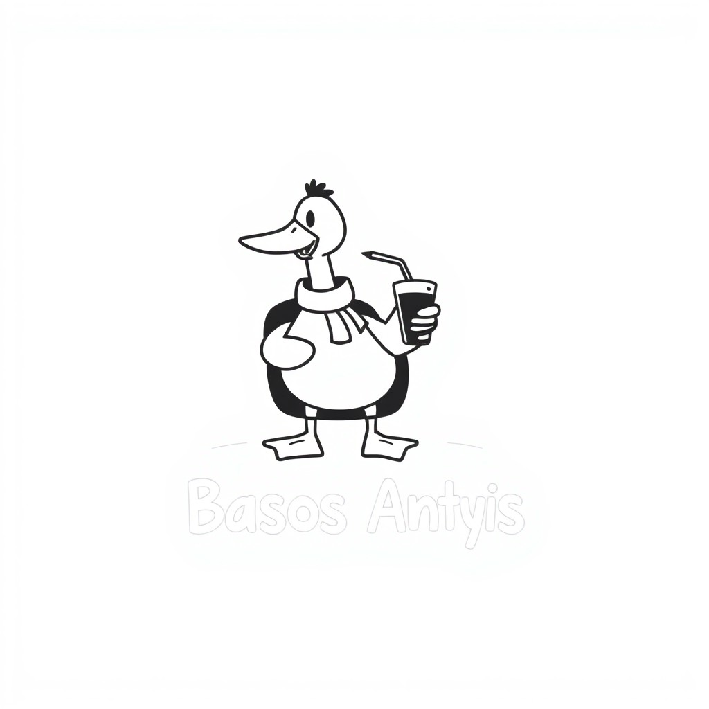 A minimalist black and white logo design featuring a clear silhouette of a cartoon-style duck, characterized by a distinct beak and large legs