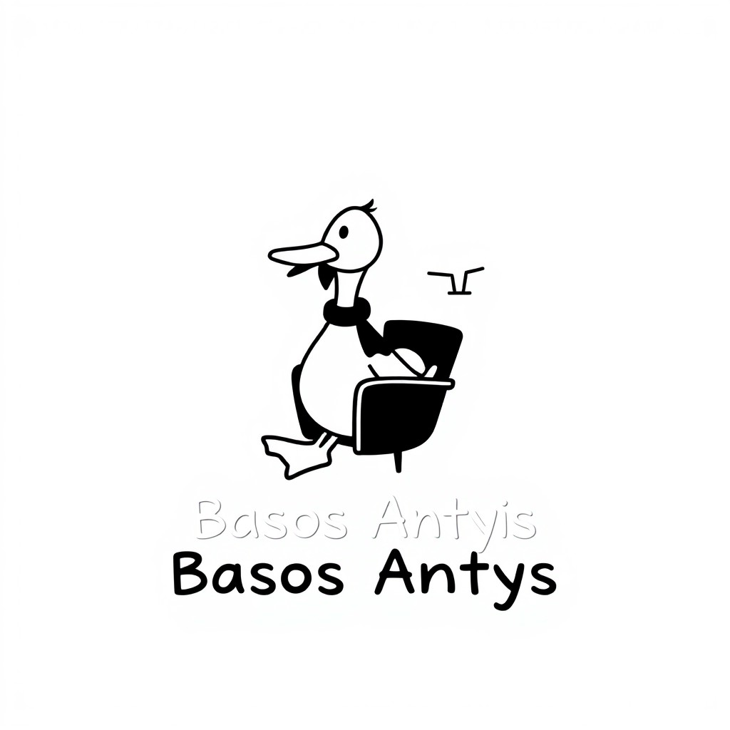 A minimalist black and white logo featuring a cartoonish silhouette of a single duck, clearly depicting its beak and large legs for a comical effect