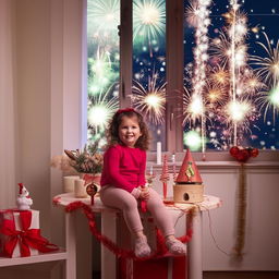 Girl cheerfully sitting on a table, surrounded by New Year's decorations, with sparkling fireworks visible through the window in the background.