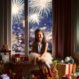 Girl cheerfully sitting on a table, surrounded by New Year's decorations, with sparkling fireworks visible through the window in the background.