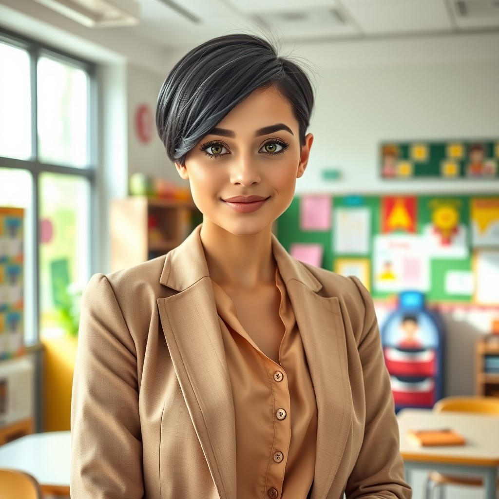 A beautiful young professional teacher with short black hair, large captivating green eyes, and light skin, confidently standing in a bright, modern classroom