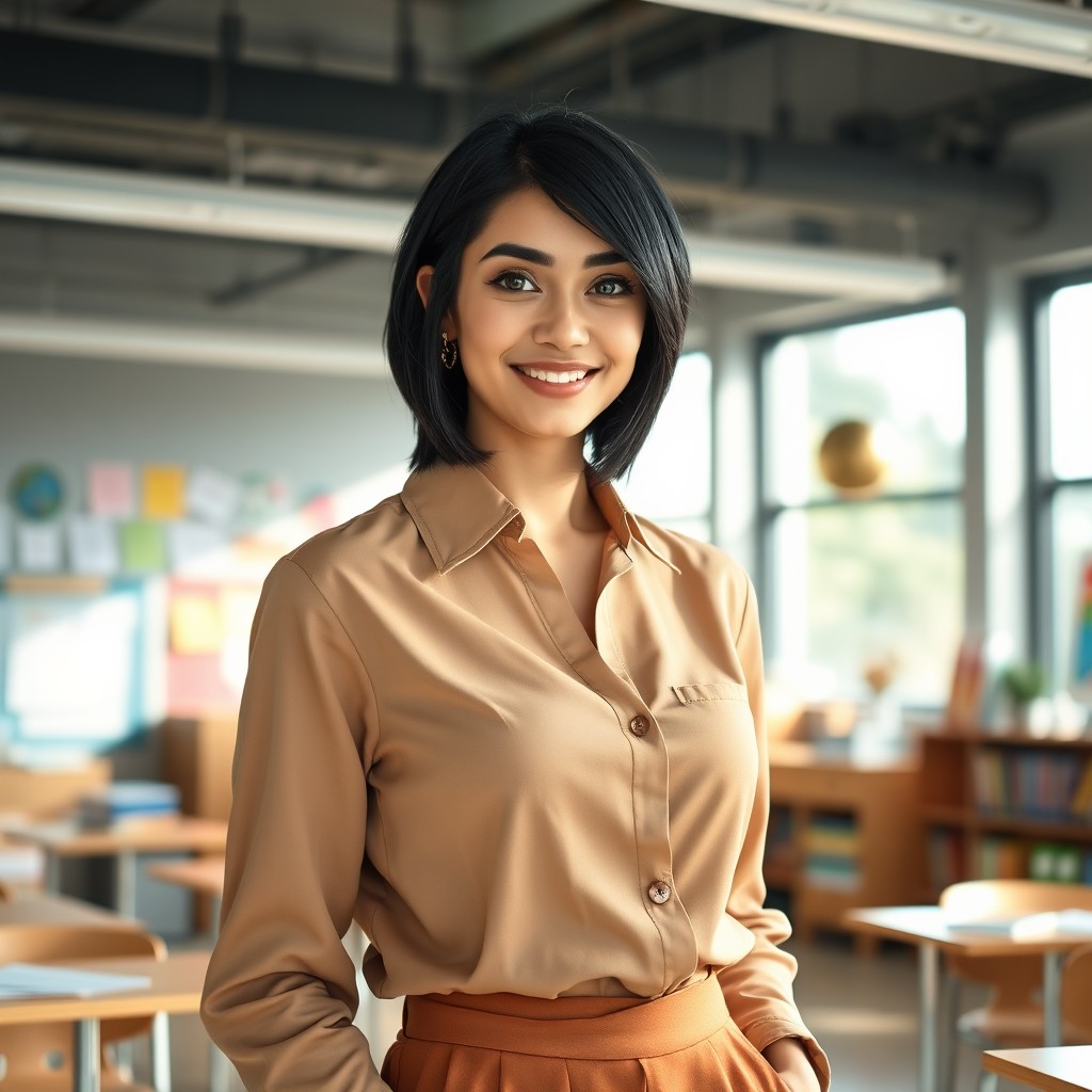 A beautiful young professional teacher with medium-length black hair and large, striking green eyes, showcasing light skin