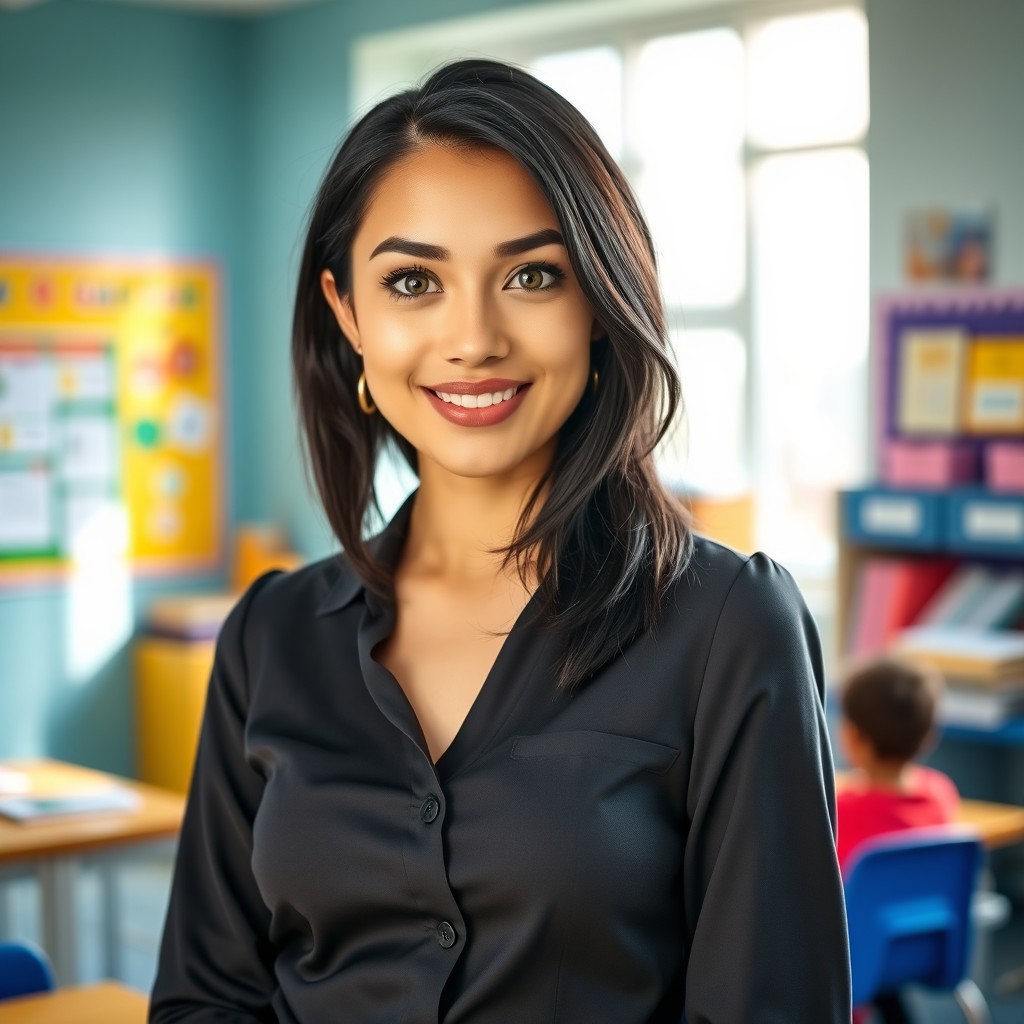 A beautiful young professional teacher with medium black hair, large expressive green eyes, and fair white skin, standing in a modern classroom setting