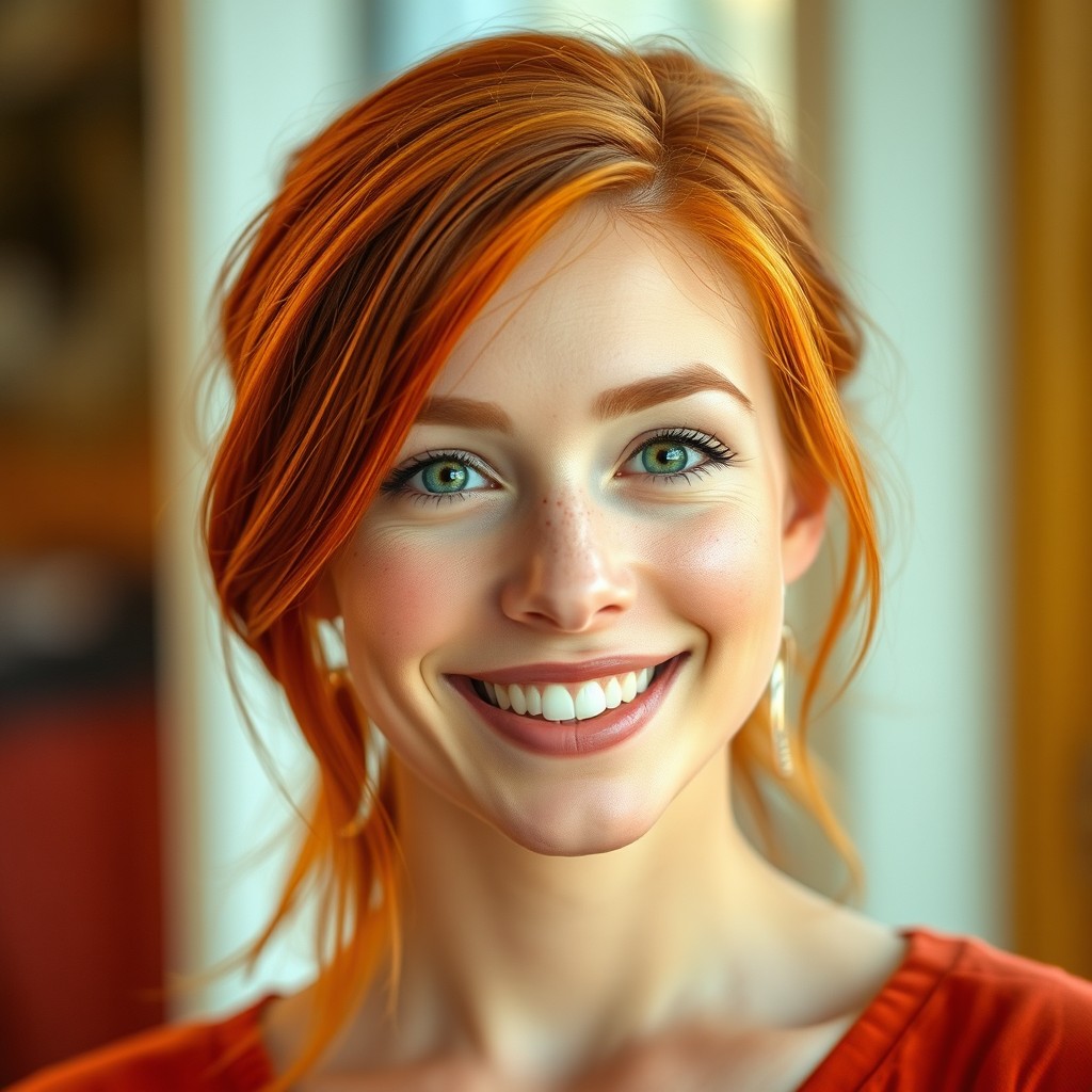 A beautiful 25-year-old woman with vibrant red hair, captivating green eyes, and charming freckles across her cheeks