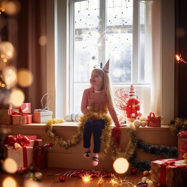 Girl cheerfully sitting on a table, surrounded by New Year's decorations, with sparkling fireworks visible through the window in the background.