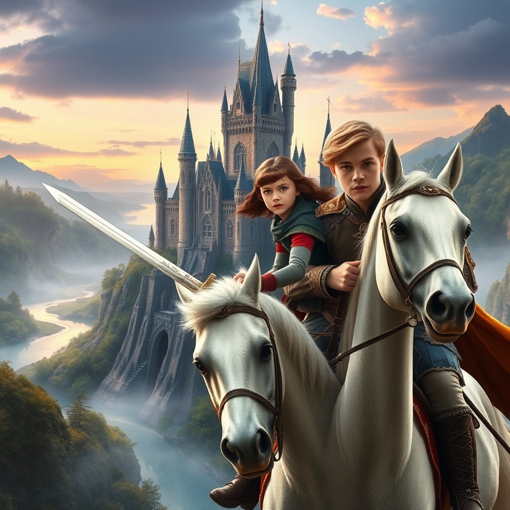 An ancient enchanted castle sitting atop a misty hill, surrounded by whimsical forests and sparkling rivers, showcasing intricate stonework and towering spires
