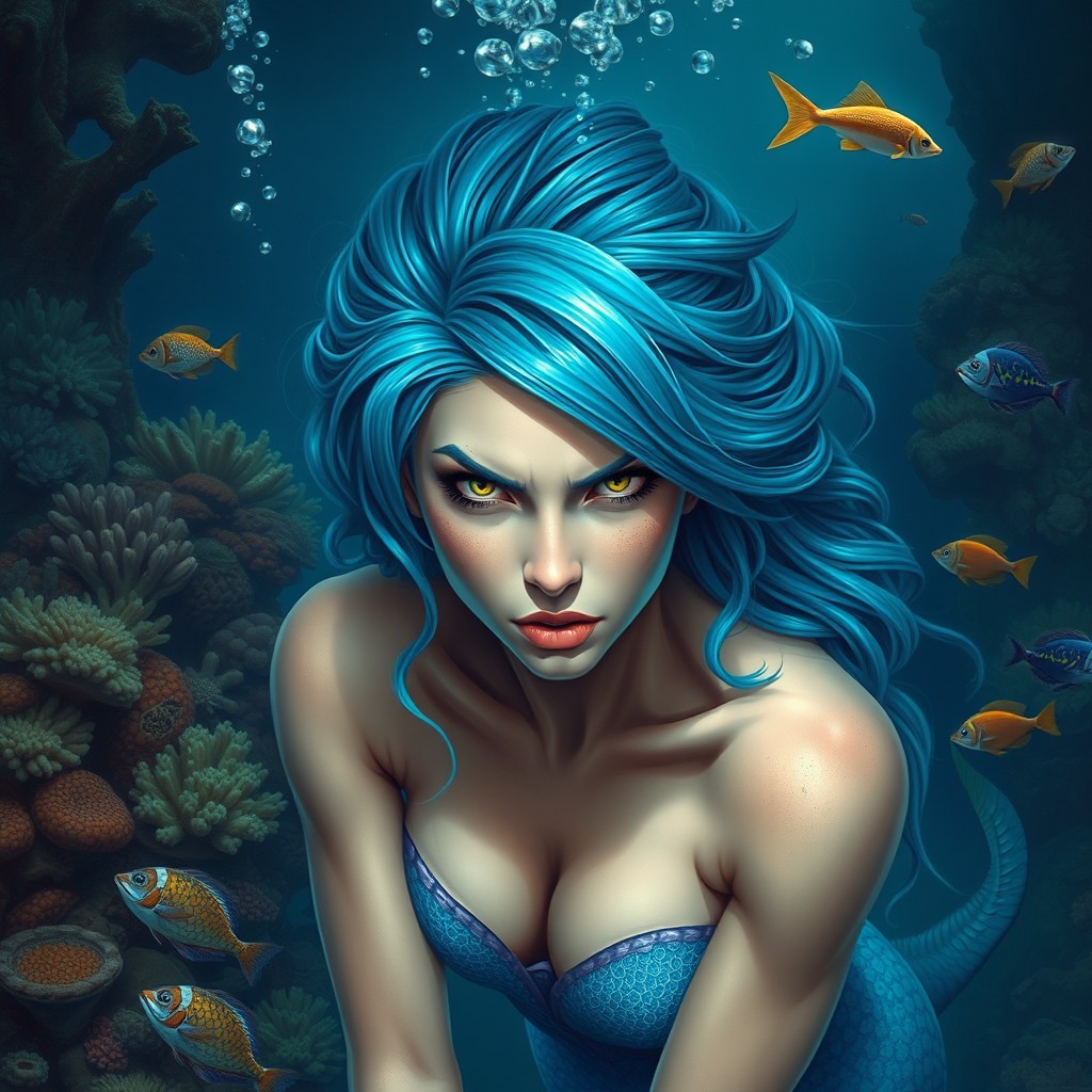 A realistic depiction of a mermaid with vibrant blue hair, set underwater in the ocean