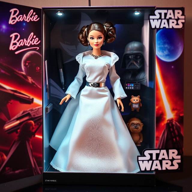 An eye-catching illustration of a Barbie doll dressed as Princess Leia from Star Wars, prominently displayed inside a collectible box