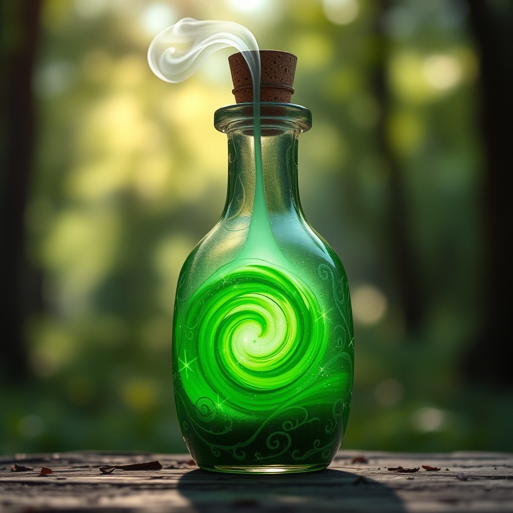 A small enchanted potion bottle, featuring a swirling green liquid inside