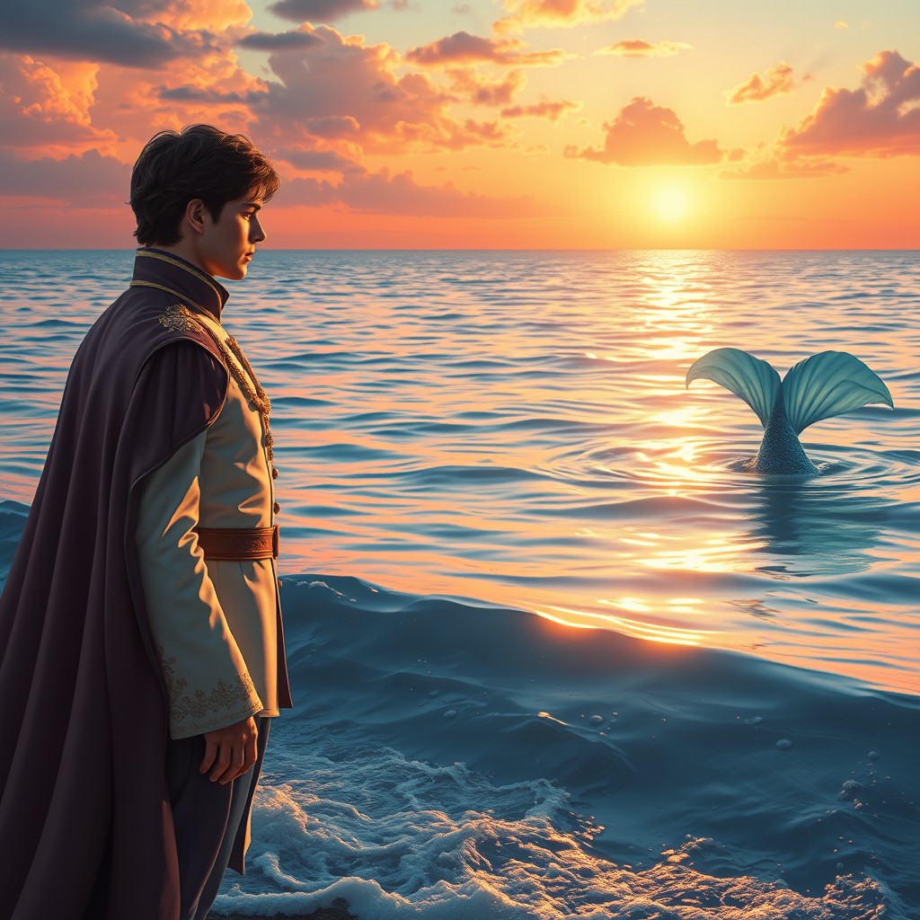 A handsome prince standing at the edge of a tranquil sea, gazing longingly into the water as he awaits his enchanting mermaid
