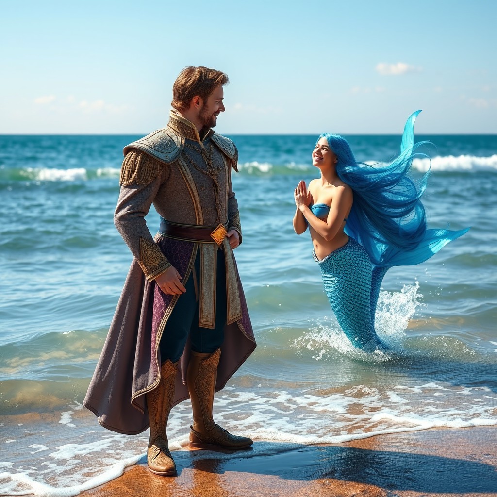 A prince standing at the edge of the sea, gazing expectantly at the water where a mermaid is playfully emerging