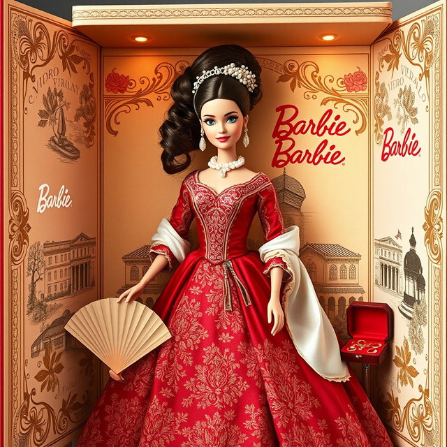 A beautiful illustration of a Barbie doll inspired by the Viceroyalty era, elegantly presented inside a decorative collectible box