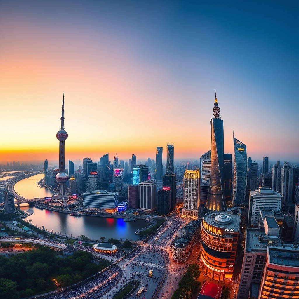 A stunning panoramic view of the bustling cityscape of Shanghai, China, showcasing the modern skyline with iconic landmarks like the Oriental Pearl Tower and the Shanghai Tower at sunset