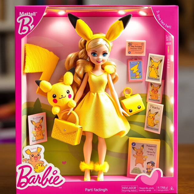 A fun and vibrant illustration of a Mattel Barbie doll styled as Pikachu, elegantly displayed inside a colorful collectible box