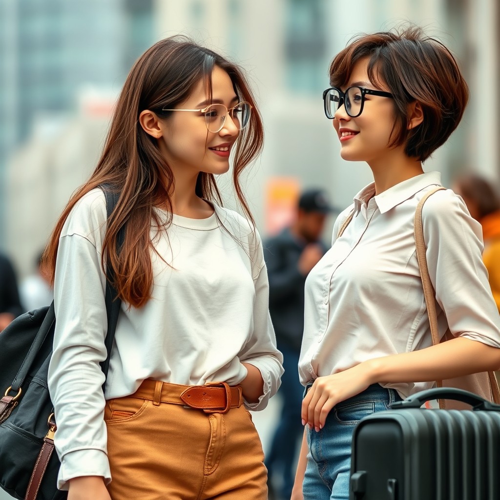 Two girls standing side by side, one with long brown hair wearing golden thin glasses and the other with shorter brown hair wearing thicker black glasses