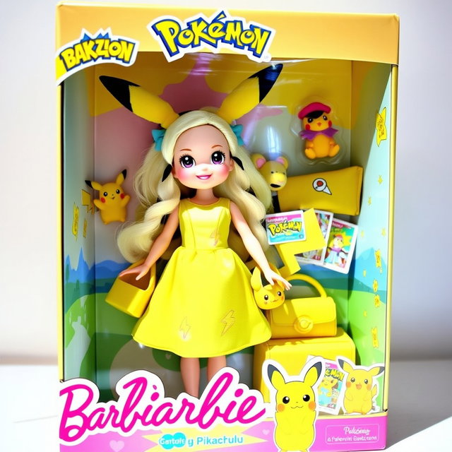 A delightful illustration of a Barbie doll designed as Pikachu, showcased inside a vibrant collectible box