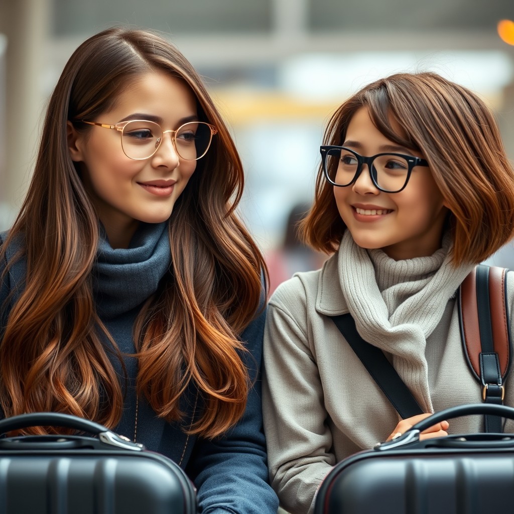 A scene featuring two girls standing side by side, both with brown hair