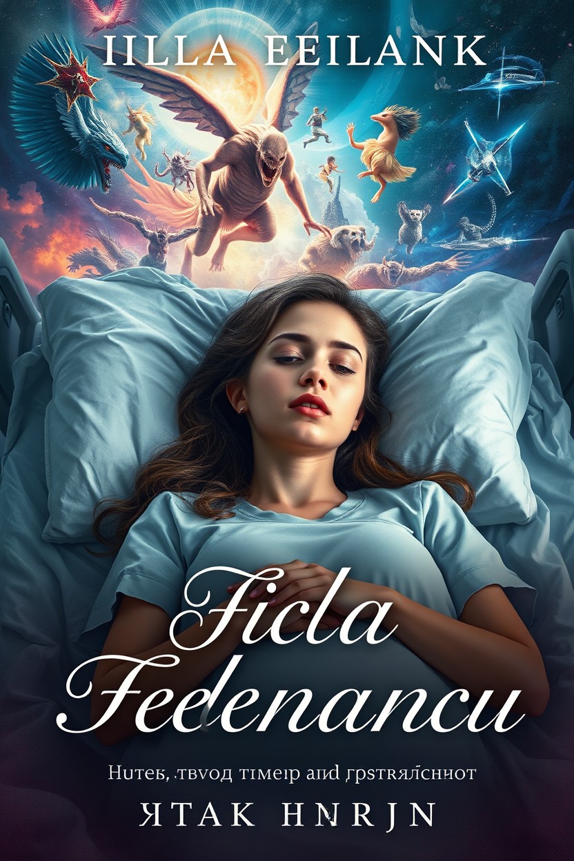 A captivating book cover featuring a young woman lying in a hospital bed in a coma, surrounded by a vibrant and surreal dreamscape representing her inner battles
