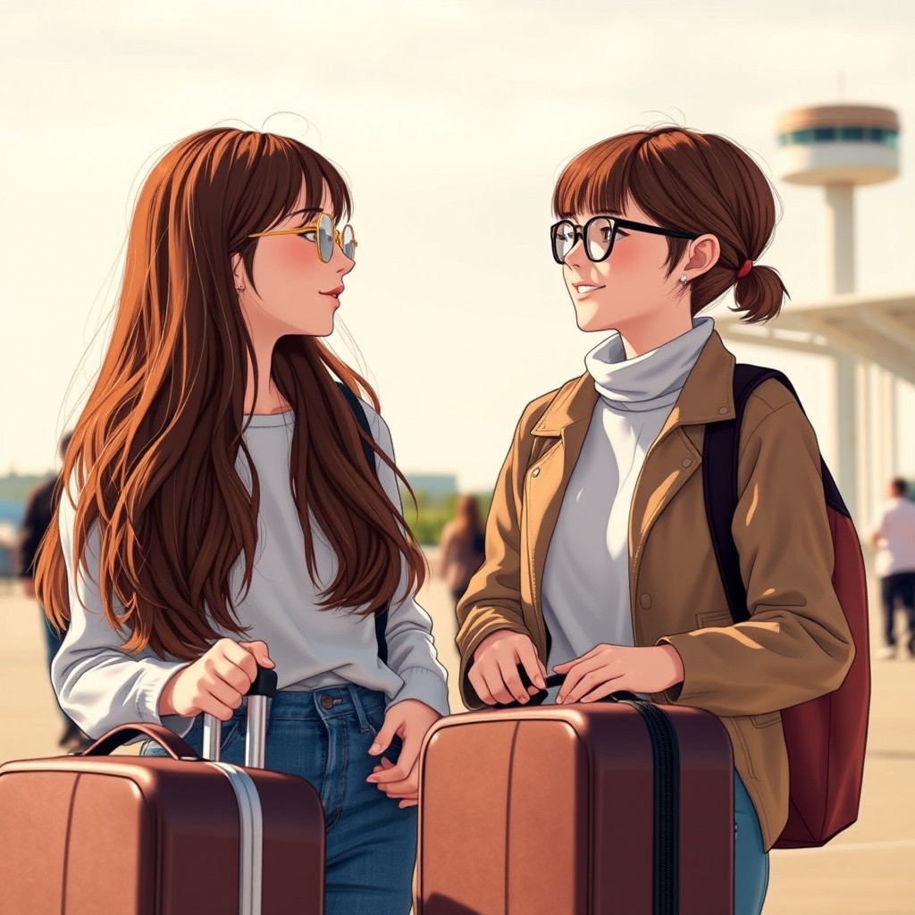 A scene featuring two girls standing next to each other, both with brown hair