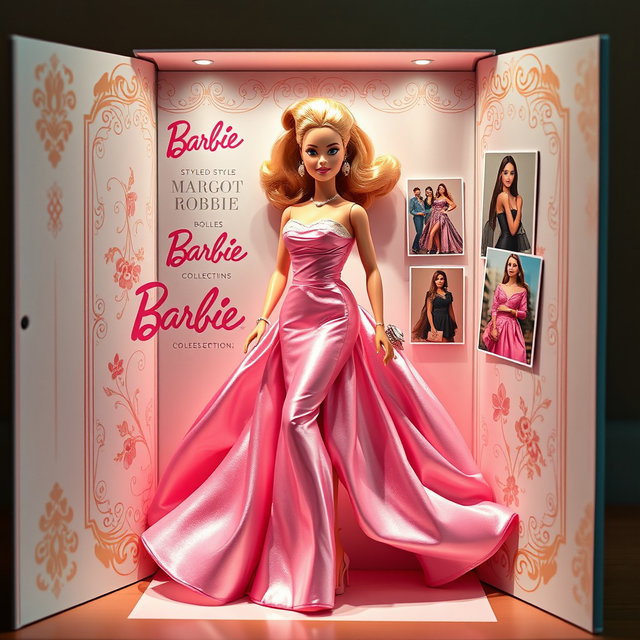 A stunning illustration of a Barbie doll styled as Margot Robbie, elegantly displayed inside a beautifully designed collectible box