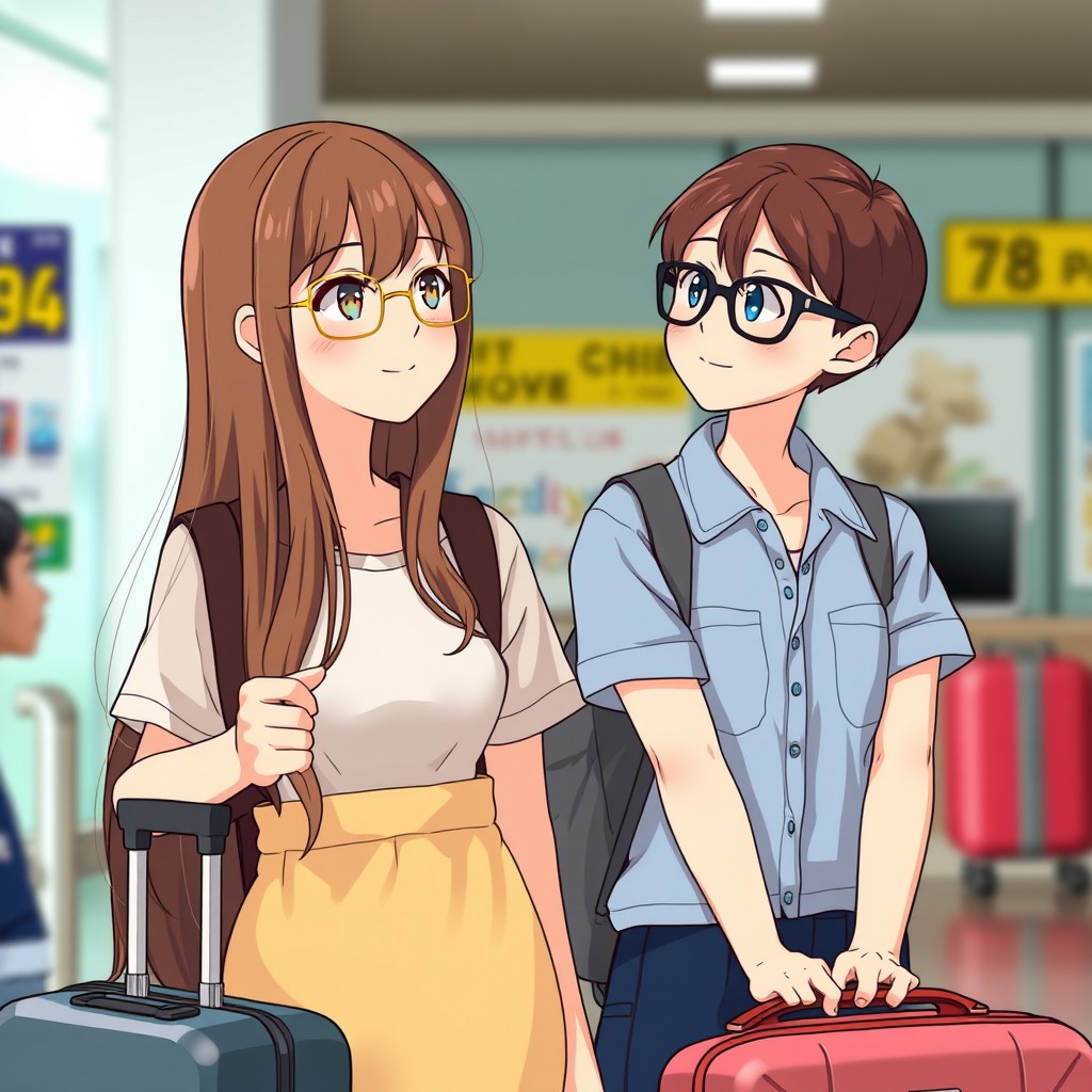 Two girls standing side by side, both with brown hair, one girl having longer hair and wearing thin golden glasses, while the other girl has shorter brown hair and sports thick black glasses