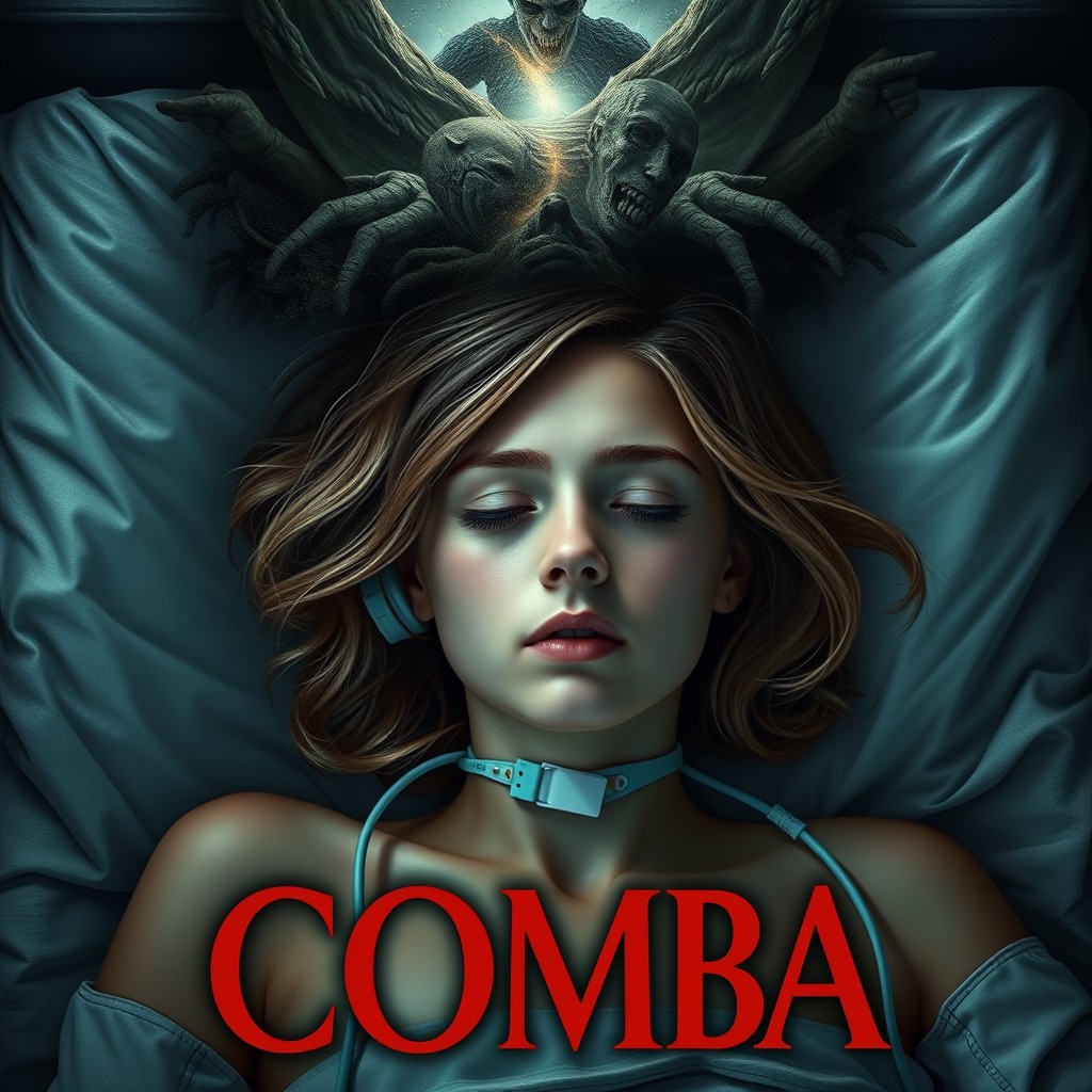 A book cover for a story about a 25-year-old girl with light brown hair and green eyes who falls into a coma after a car accident
