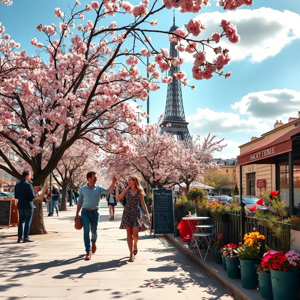 A charming street scene in Paris during spring, filled with vibrant cherry blossoms in full bloom