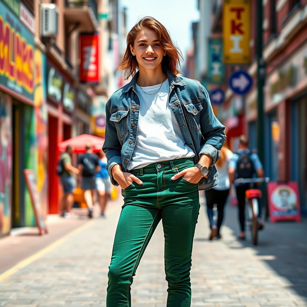 A fashionable young adult wearing dark green jeans, standing confidently in a vibrant urban setting